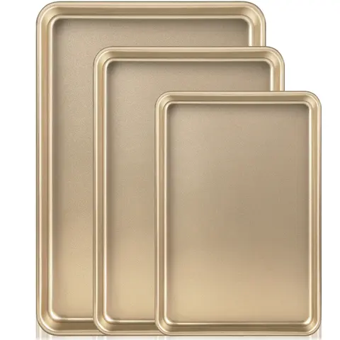 SLOWCURL 3-Pan Baking Sheet Set - Heavy Duty Nonstick Half, Quarter, Jelly Roll Tins, Quick-Clean Toaster Oven Tray Replacements, Commercial-Grade Champagne Gold Cake Pans, 3‑Pan Set