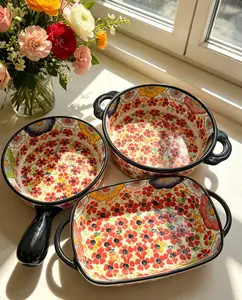 Vintage Bohemian Hand-Painted Floral Ceramic Kitchen Tableware, Household Dinnerware Set with Handle Bowls, Dinner Plates, Large Serving Bowls, Double-Ear Baking Pans, Ideal for Daily Dining, Food Serving, Oven Baking & Casual Gathering Use