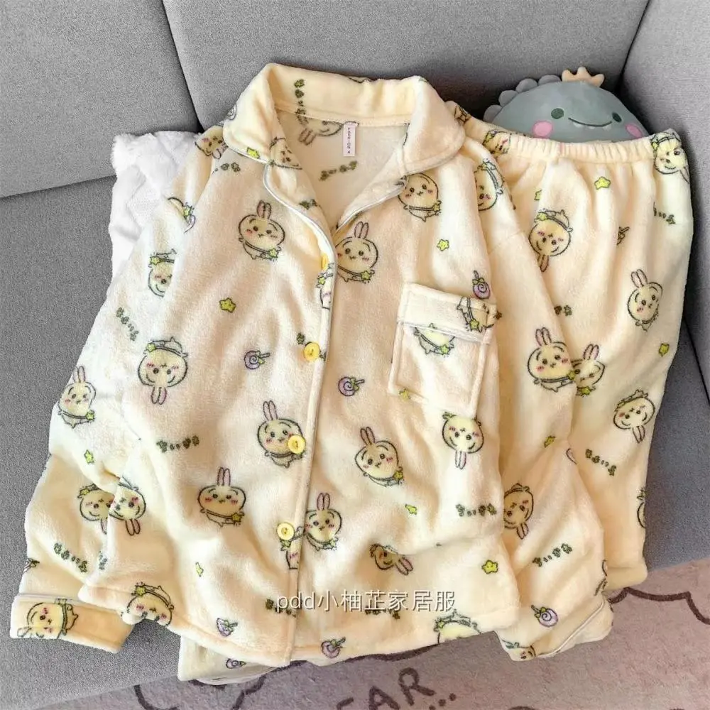 Women's Winter Chiikawa Plush Pajama Set - Usagi Thick Loungewear, Cute Cartoon Kawaii Warm Home Clothes (M, 2XL Sizes)
