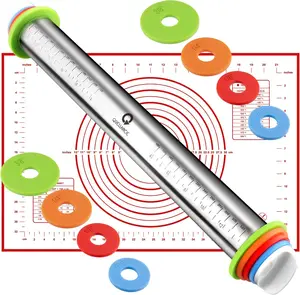 Rolling Pin and Pastry Baking Mat Set, Rolling Pins with Adjustable Thickness Rings, Stainless Steel Dough Roller for Baking Fondant, Pizza, Pie, Pastry, Pasta, Cookies (Red Mat)