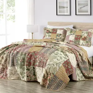 CHEZMOI COLLECTION Lightweight Reversible Vintage Washed Cotton Patchwork Quilt Set Machine Washable Soft Breathable Comfort