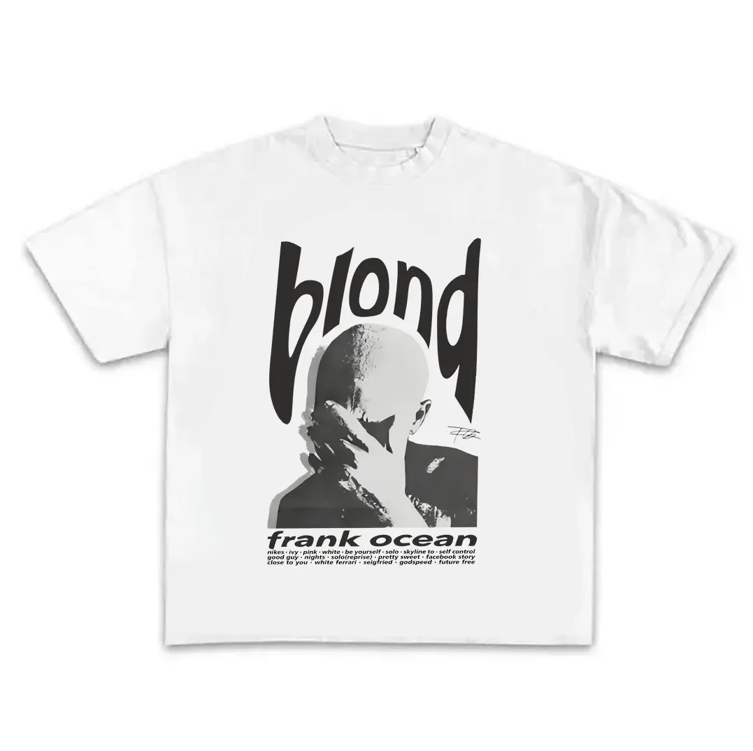 Frank Ocean Blond album shirt, black-and-white album cover print, new crew neck short-sleeve pullover T-shirt, can be worn as inner layer, white top, Valentine's Day outfit, carnival costume, summer top, women's style, women's Valentine's Day outfit