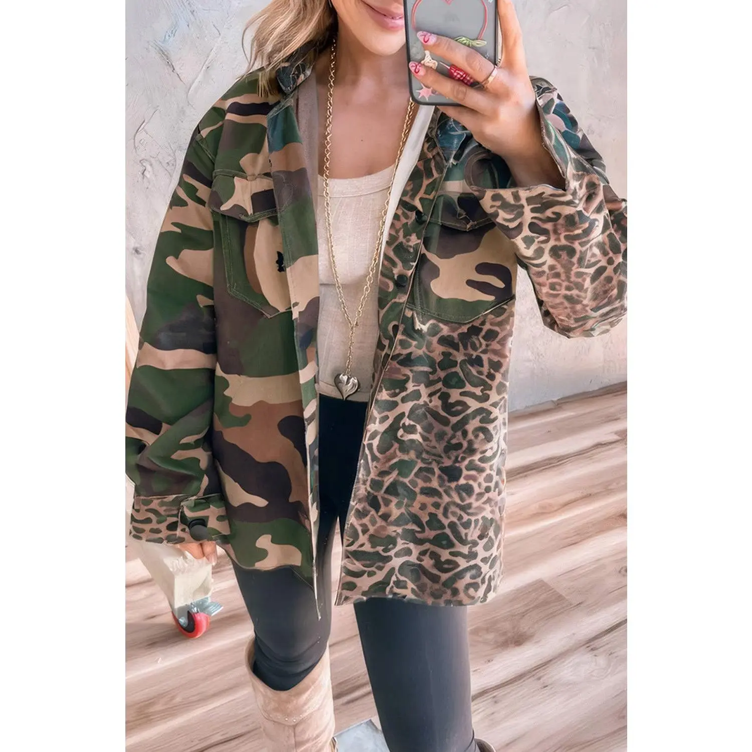 Brown Leopard Camouflage Patchwork Oversized Shacket
