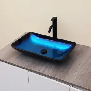 Logmey 22" Glass Bathroom Vessel Sink Vanity Countertop Rectangular Bowl with Black Pop up Drain Set,Glass Art Basin,Blue