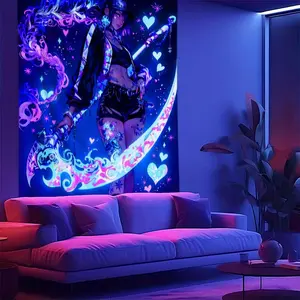 Glow-in-the-Dark Anime Tapestry - Colorful UV Reactive Wall Hanging with Magical Girl, Hearts & Stars, Vibrant Blacklight Decor for Bedroom, Living Room, or Office, Anime Room Decor