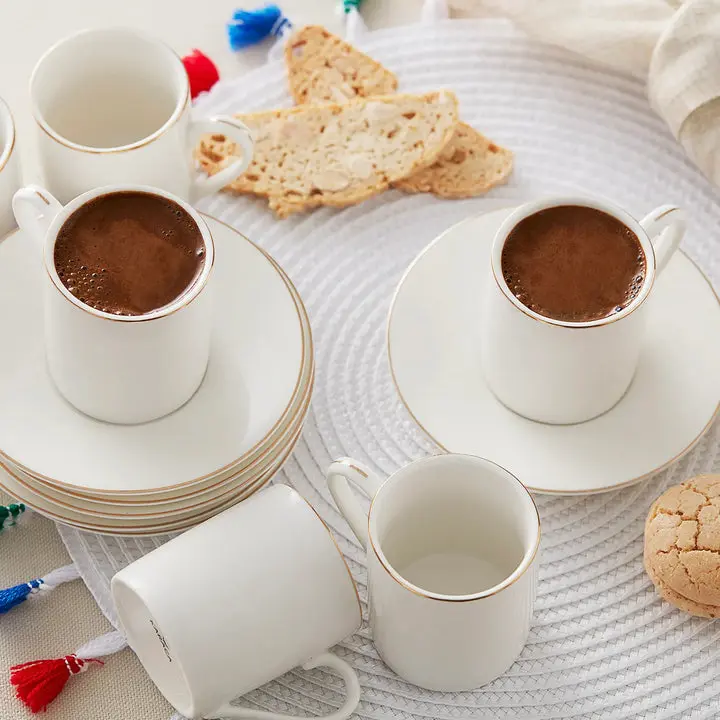 Karaca Elda 12-Piece Porcelain Turkish & Espresso Coffee Cup Set for 6, 80ml, White & Gold
