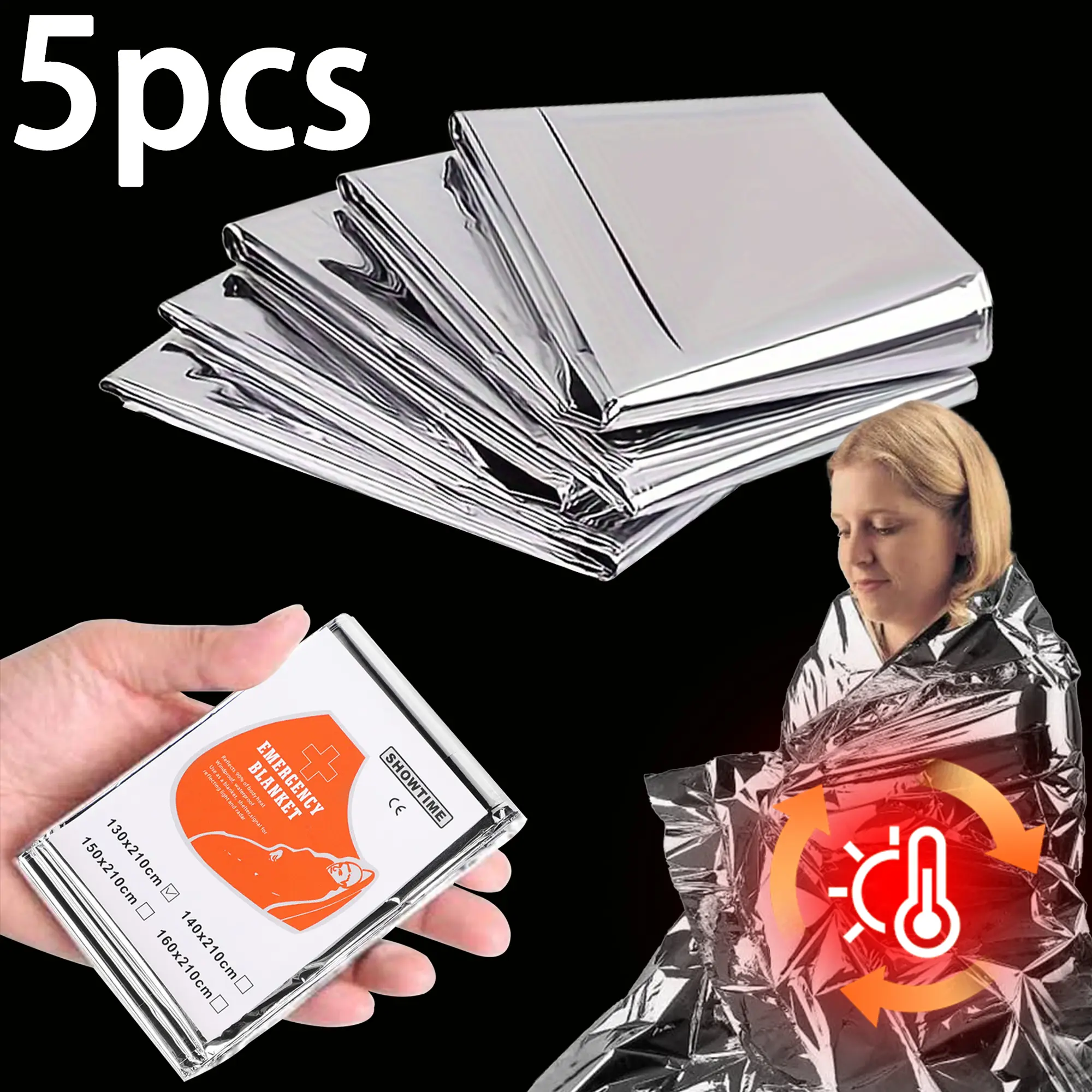 5-Piece Oversized Outdoor Emergency Blanket Set, Portable Multi-Functional First Aid Thermal Blanket for Camping Hiking Car Emergencies, Emergency Survival Supplies, Survival Gear, Survival Equipment
