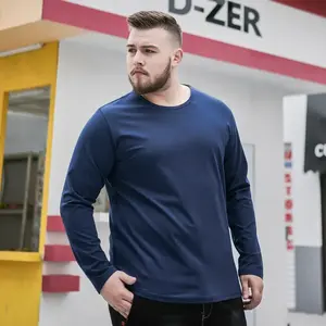 BRO PLUS Solid Color Plus Size Round Neck Long Sleeve T-Shirt for Men Loose Fit Cotton Base Navy Blue Top