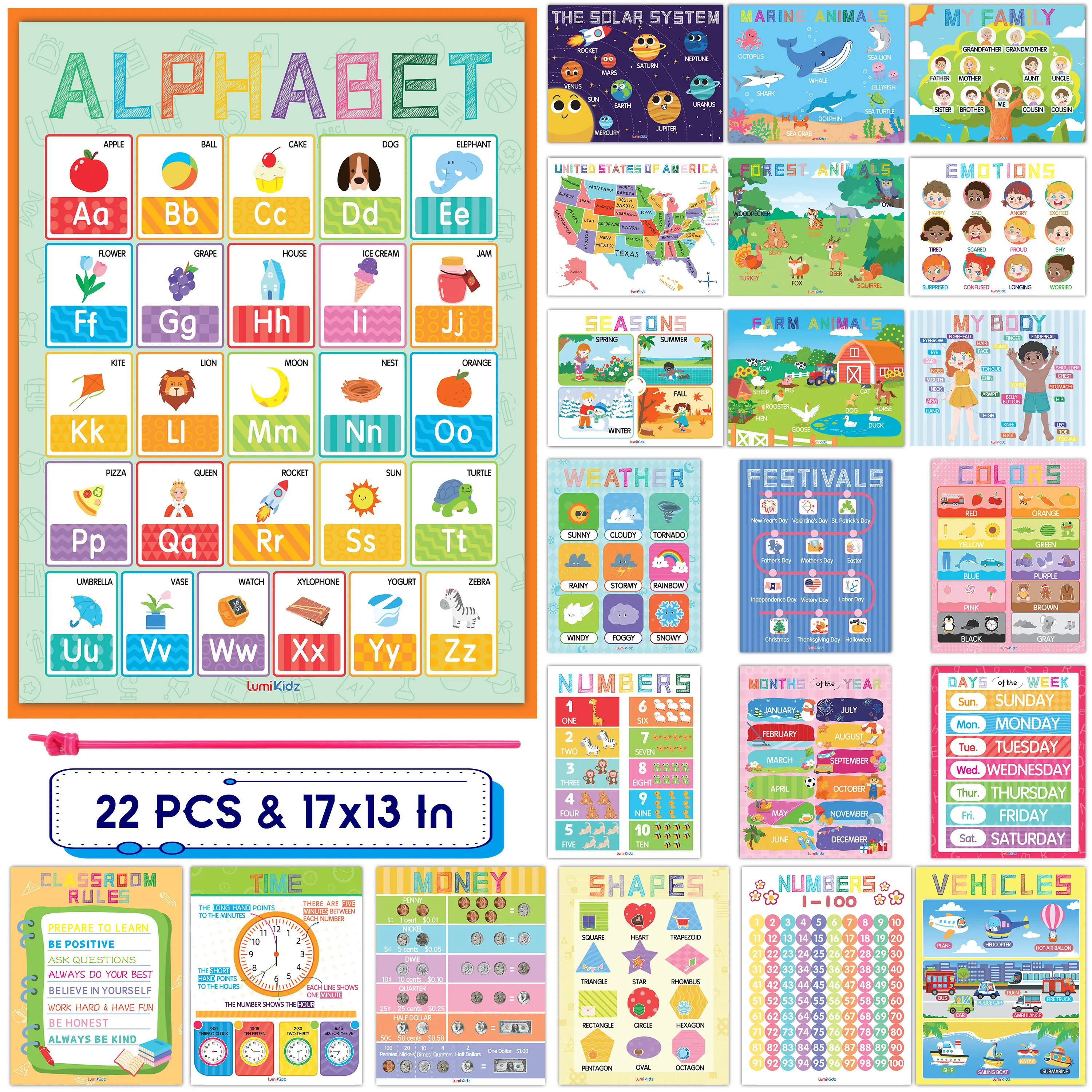 [BackToSchool]LUMIKIDZ 22 pc Educational Learning Posters for Toddlers 1-6 years - Classroom Toddler Learning Posters - 17” x 13” Classroom Decor,Back to School Haul Posters Supplies -Kindergarten Preschool Classroom,School Supplies for Kids’ Calm Down