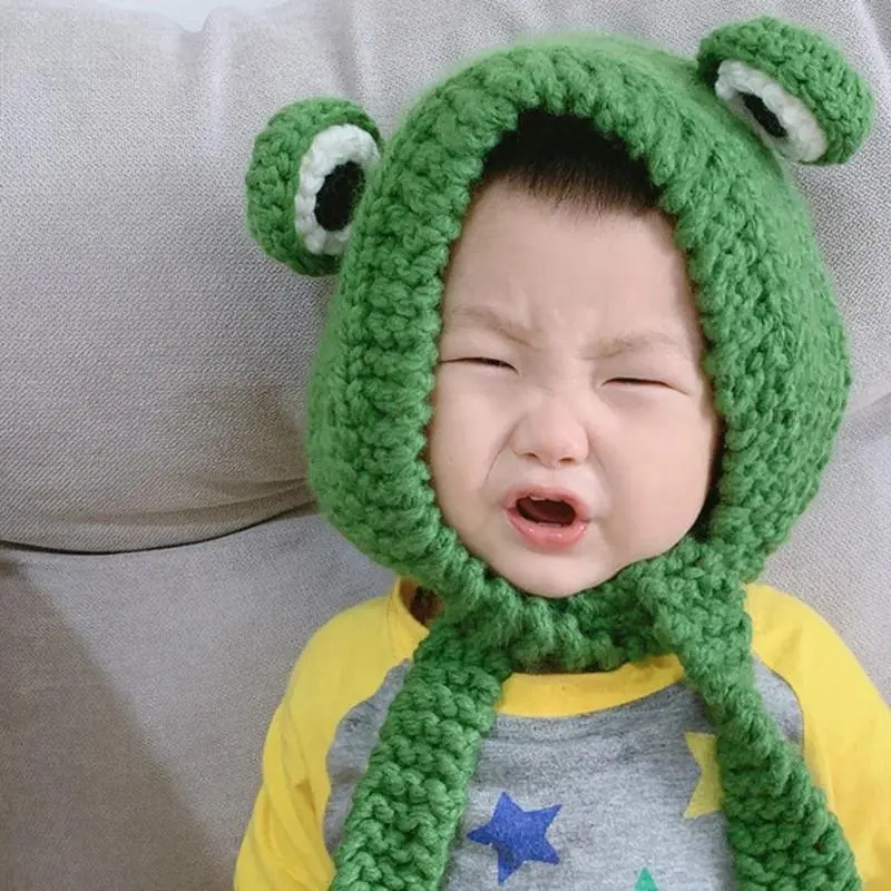 Autumn Winter Women Cute Green Frog Hat Crochet Knitted Hat Costume Beanie Hats Cap Hip-hop Cap Photography Prop Party