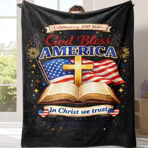 Soft Cozy Flannel Blanket God Bless America 250 Years 1776-2026 Christian Cross Bible Patriotic Throw Blanket, In Christ We Trust US Flag Plush Warm Blanket, Perfect 4th of July Independence Day Gift For Men Women Family Home Sofa Bed Decor