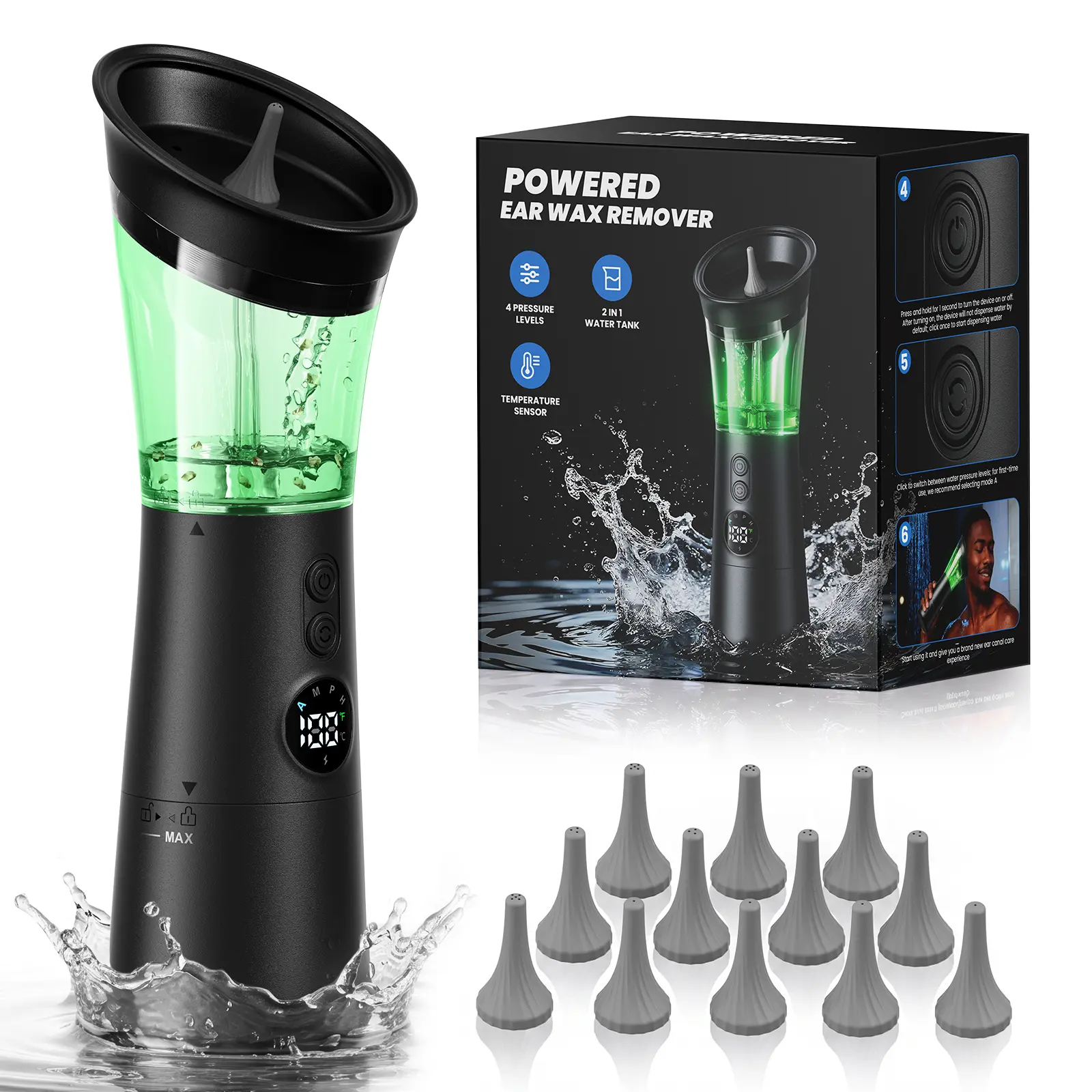 E91 Electric Ear Wax Removal Kit Upgraded 2 in 1 Dual Water Tank, Smart Temp Detection with Safety Light, 4 Adjustable Pressure Levels, 2000mAh Rechargeable, IPX7 Waterproof, 11 Nozzles, Deep Ear Cleaning System for Home