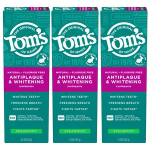 Tom’s of Maine Antiplaque and Whitening Fluoride Free Toothpaste, Spearmint 3-Pack