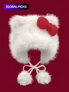 Cute Cat Ear Design Pom Pom Decor Plush Hat, Acrylic Hat, Cute Earflap Hat, New Style Bowknot Design Warm Hat for Fall & Winter, Fashion Accessories for Women