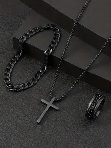 3-Piece Stainless Steel Hip Hop Punk Jewelry Set, Unique Cuban Chain Necklace, Bracelet, and Ring, Perfect Valentine's Day Gift for Men, Complete Accessories Set