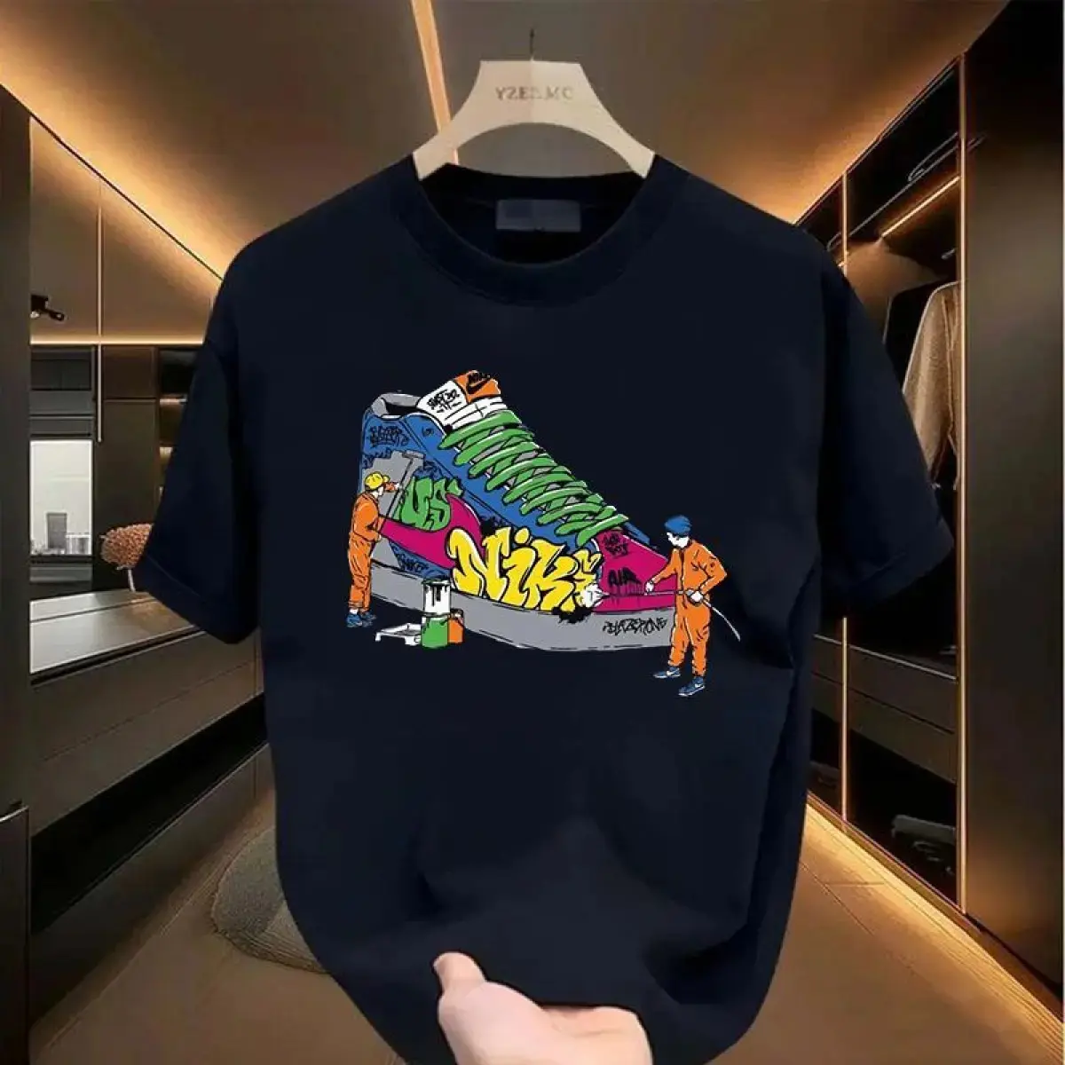 Men's Luxury Designer Short Sleeve Cartoon Print Graphic Tee, Oversized Vintage Streetwear Crewneck Comfy T-shirt, Unisex Casual Daily Wear Summer, Trendy Gift for Men & Women