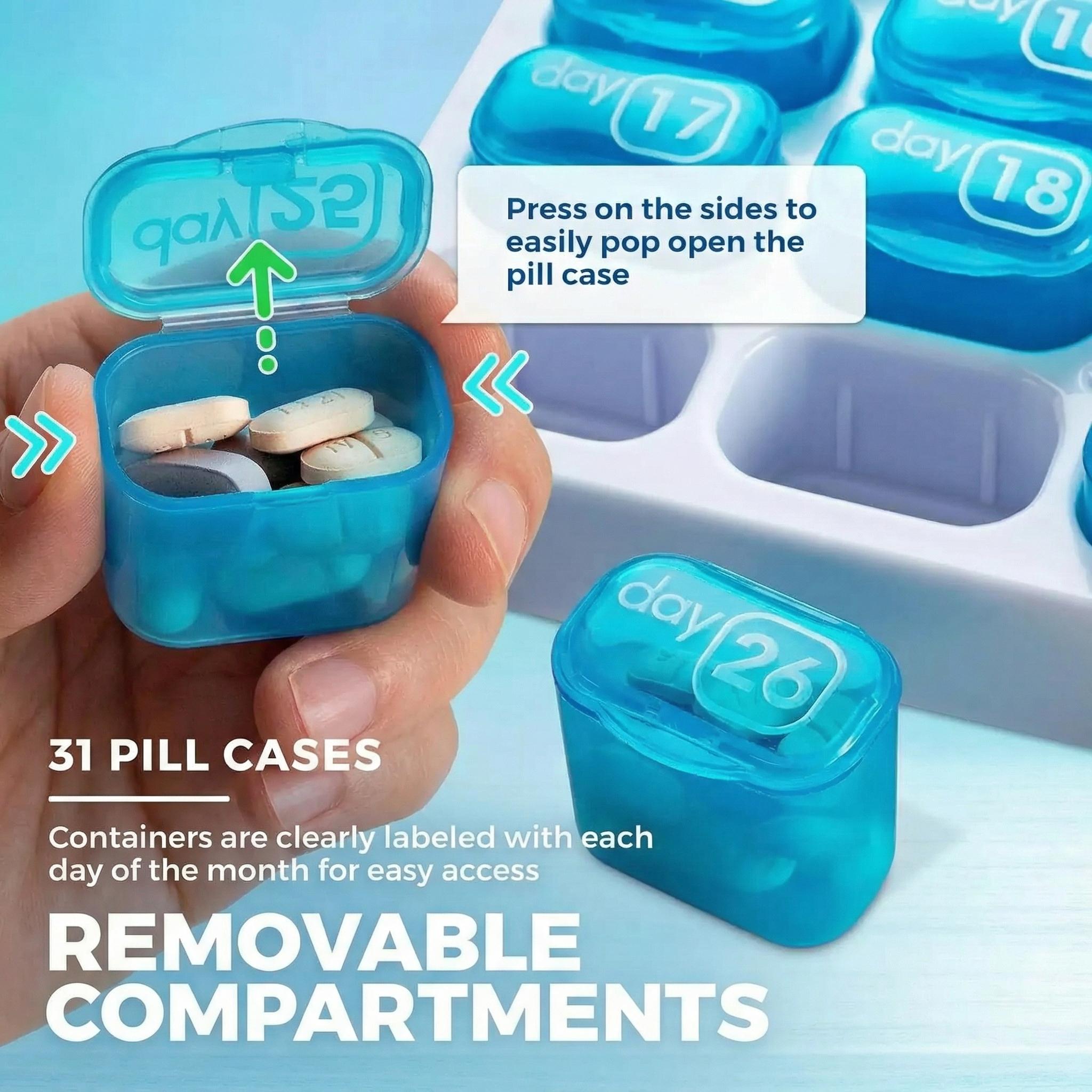 31 Days Pill Box-Monthly Pill Organizer with Lid 1 Count 31-grid Portable Daily Pill Storage Box, Arthritis-Friendly Easy-Open Lids Removable Pill Pods Date Reminder & Travel Case for Vitamins & Medications for Daily Use Healthcare