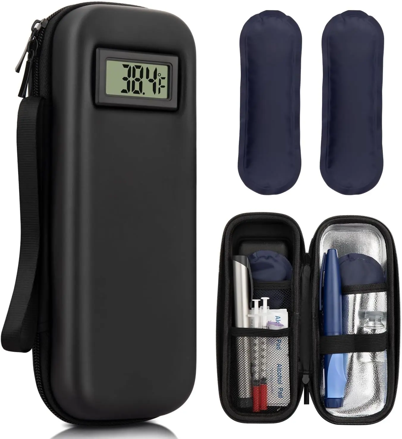 Insulin Cooler Travel Case TSA Approved Medication Cooler with ℉ Thermometer Display 2 Reusable Ice Packs for Diabetic Travel Black Thermal Insulated Organizer Bag