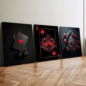 3Pcs Wooden Framed Canvas Painting, Red Black Ace Of Spades Playing Cards And Dice Images, Exquisite Poster, Home Decoration, Pattern Wall Art Decor, For Living Room, Bedroom, Office, Restaurant, Bar Wall Decor, Waterproof, Odorless, Painting, Print Artwo