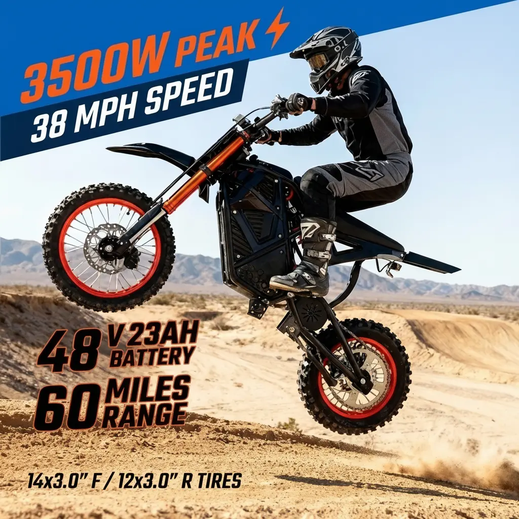 ESKUTE Nova Mini Mountain E-Bike Dirt Bike - 3500W, 38-40MPH, 16x4.0 Fat Tire All-Terrain, Lithium Ebike Battery, Steel Frame, 14"(Front)/12"(Rear) Wheels, 60-mi Range, Dual Seat, Off-Roading Look, 12-Month Warranty for Youth/Adults (Camping Adventure)