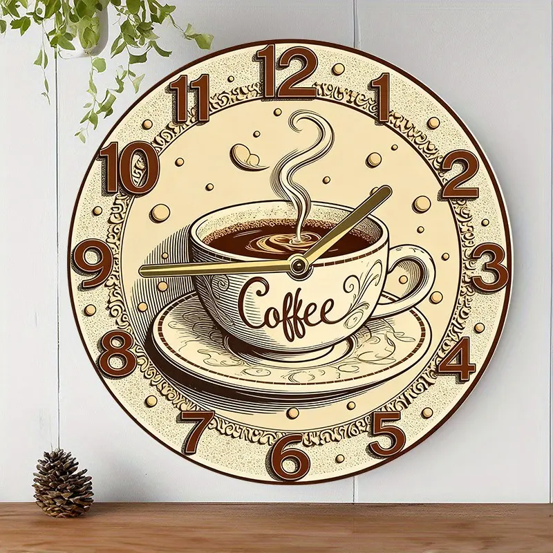 Coffee Enthusiast Wall Clock, Decorative Clock, Home Decor, Silent Non-Ticking Coffee Cup Design with Steam Mug, Beige/Brown Decoration, Wooden Round Kitchen, Living Room, Office Clock, Gift for Christmas, Mother's Day, Cafe, Restaurant, Coffee Bar