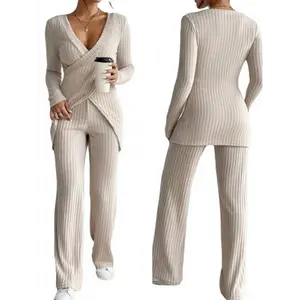 Women's Ribbed Fall Set Solid Color V-Neck Long Sleeve Slim Fit Cross Front Tops Long Pants 2pcs Outfits Clothes Fabric Suits Womenswear Polyester Gamis Black Casual Fitted