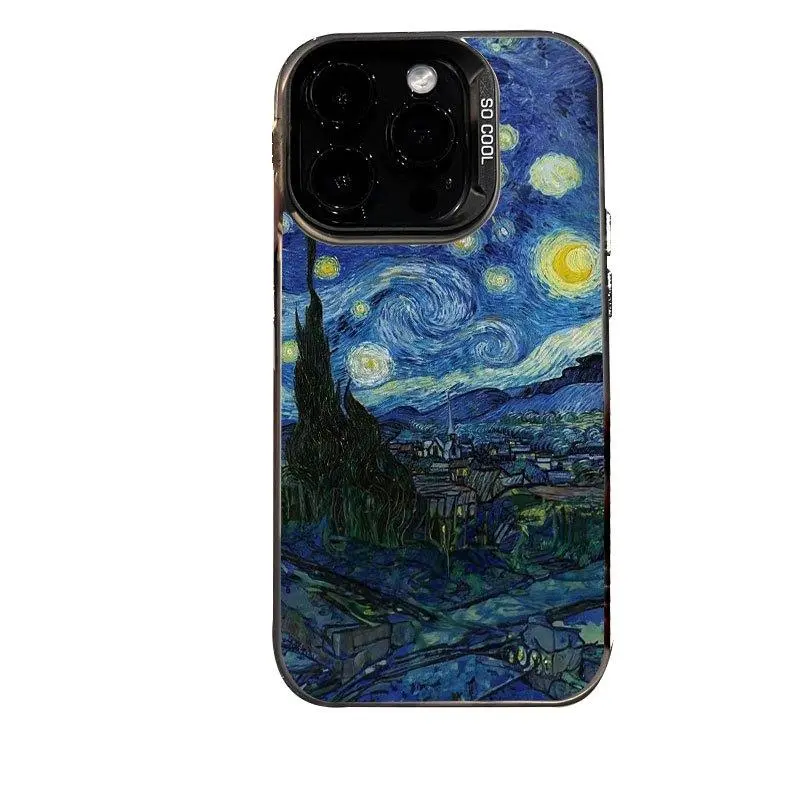 Matte Silicone Smartphone Cover - Military-Grade Drop Protective Accessory with Oil Painting Starry Night Retro Art Pattern, Camera-Safe, for iPhone 11/12/13/14/15/16/17 Pro, ProMax, Plus, Air Devices