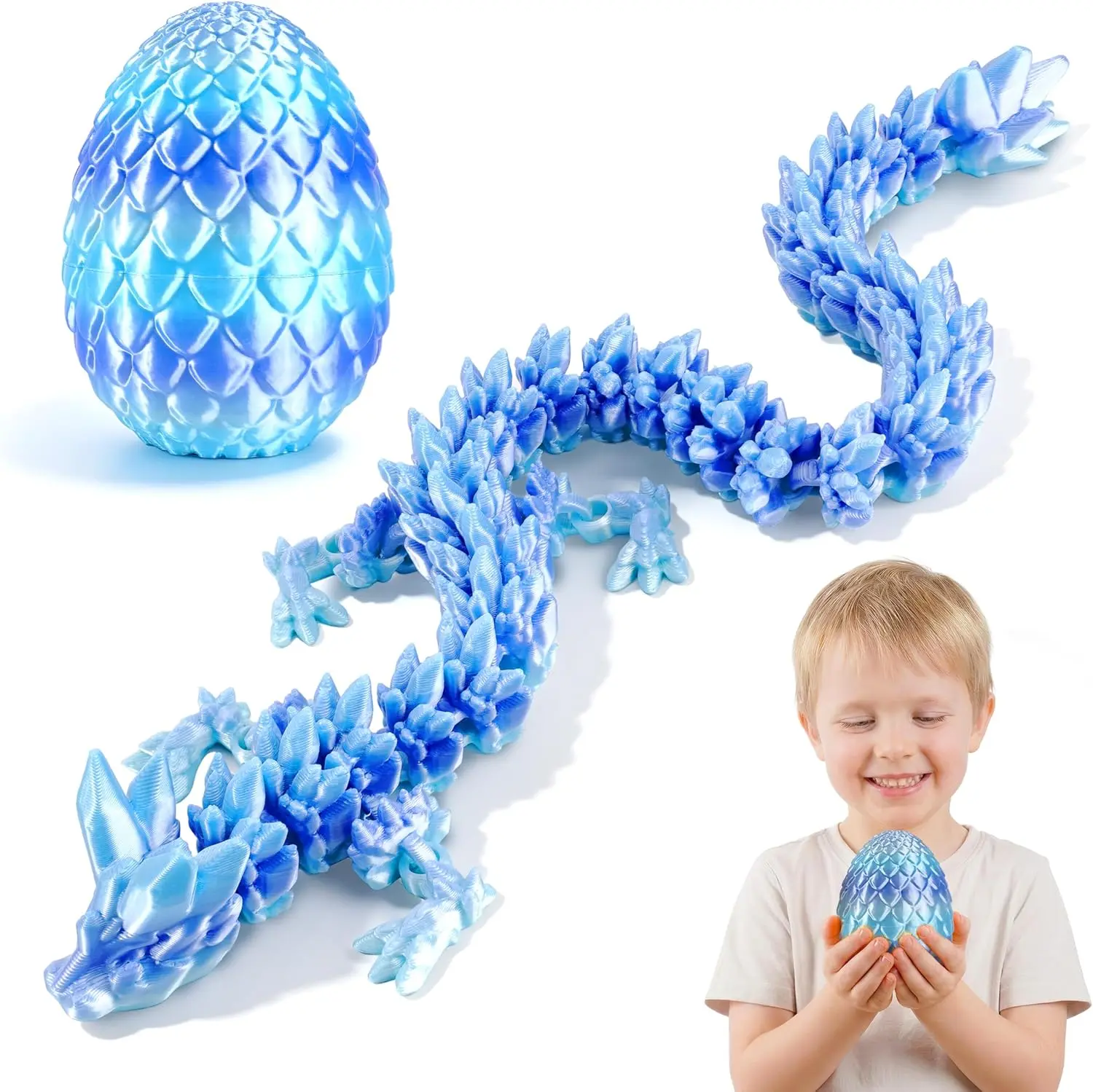 12" 3D Printed Dragon Egg - Flexible Fidget Toy for Kids & Adults, Easter Christmas Stuffers, Unique Fantasy Desk Decor, Birthday Gifts for Boys and Girls (Silk Glacier Mint)