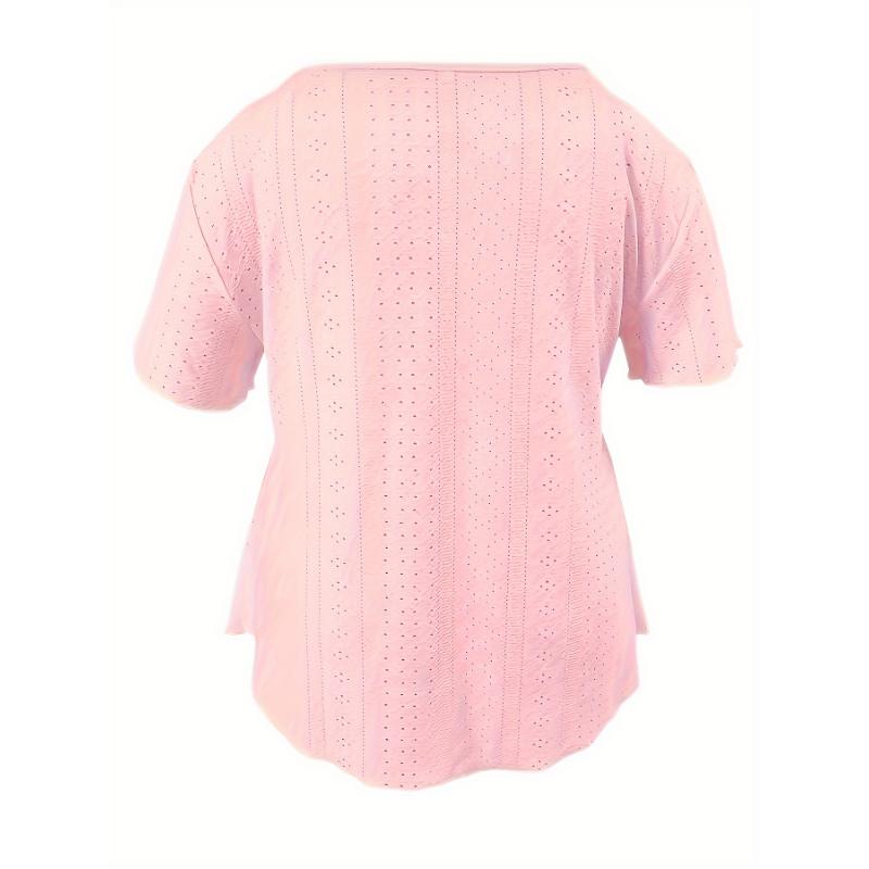 V Neck Plus Size Casual Short Sleeve Eyelet Scallop Trim T-Shirt - Spring & Summer Top For Women  Collar Fabric Elegant White Chic Womenswear Blouse Shortsleeve Vneck Spandex Vibe Knit Fitted Fluorescent Green