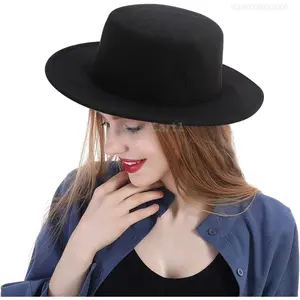 Fashion Classic Black Fedora Flat Hat, Wide Brim Jazz Hats Church Derby Cap for Women and Men Causal WearAZestCart1FFSummitSupply7