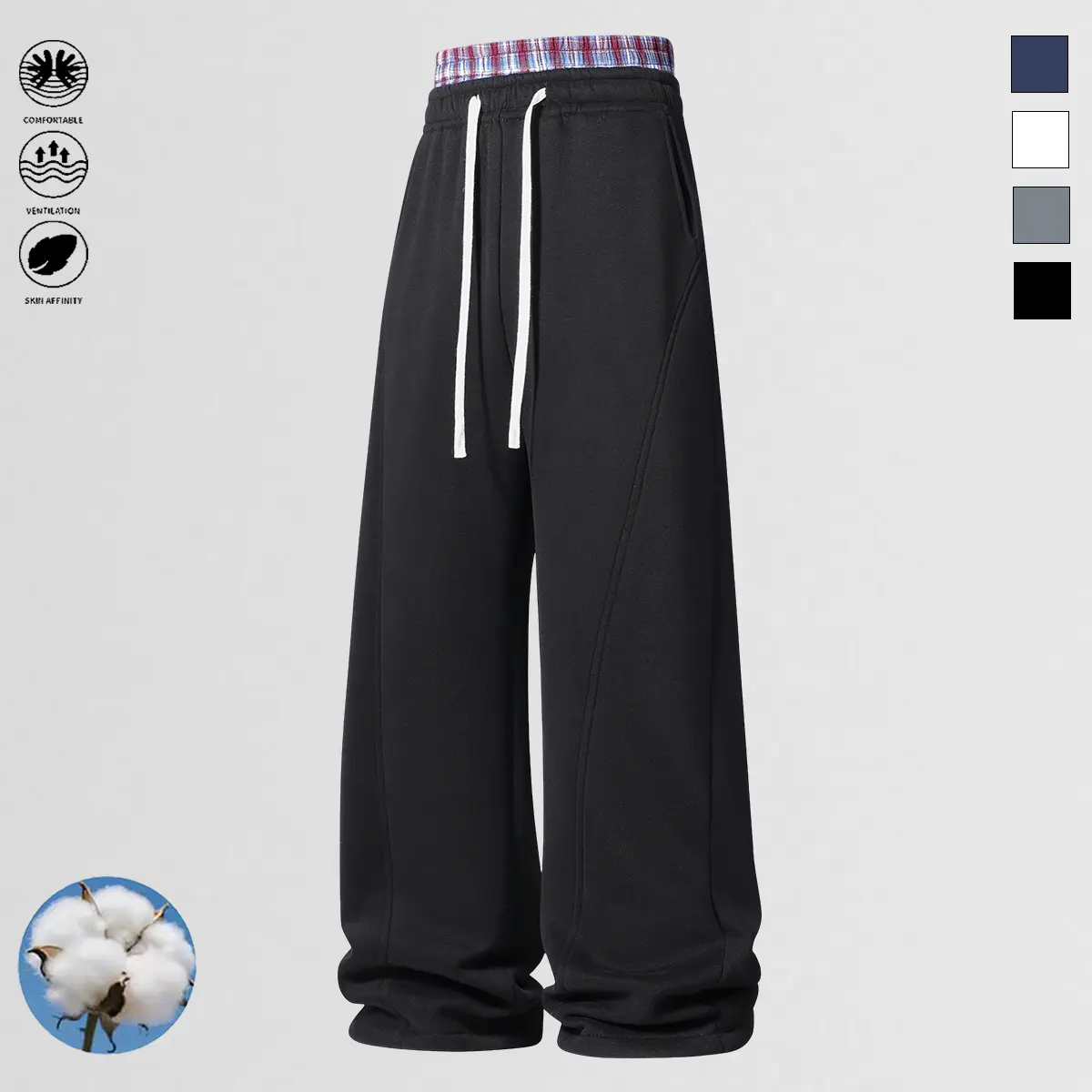 Men's Cotton Drawstring Sweatpants - Unisex Checkered Hip Waistband Comfortable Casual Clothes for Spring & Autumn Everyday Leisure Bottoms