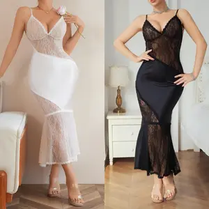 New black and white lace spliced fishtail halter neck long nightgown