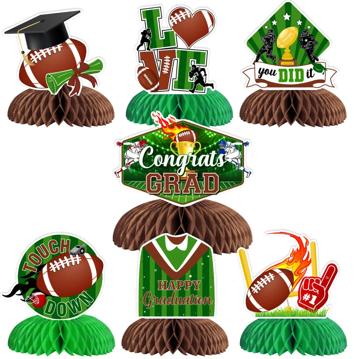 7PCS Football Graduation Honeycomb Centerpieces - Decorative Sports Theme Party Table Decor Set, Soccer Party Grad Supplies, Festive Home Gifts