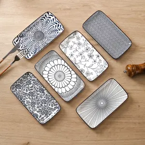 6pcs Blue Floral Ceramic Rectangular Plates, Salad Serving Plates, Japanese Style Sushi Dinnerware Set, Dishwasher Safe, Oven & Microwave Friendly, Dishwasher Safe Tableware