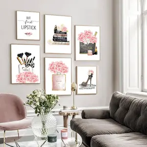 Trendy Canvas Art Print Artwork Leopard Shoes Makeup Perfume Fashion Poster for Beauty Salon Girls Room Decor