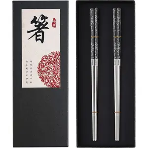 Stainless Steel Chopsticks Titanium Plated Metal Chopsticks Reusable Dishwasher safe Premium Japanese Korean Chopstick Laser Engraved Anti-slip Chop Sticks for Eating 2 Pairs Gift Set Black Silver Cutlery Tableware Disposable Traditional