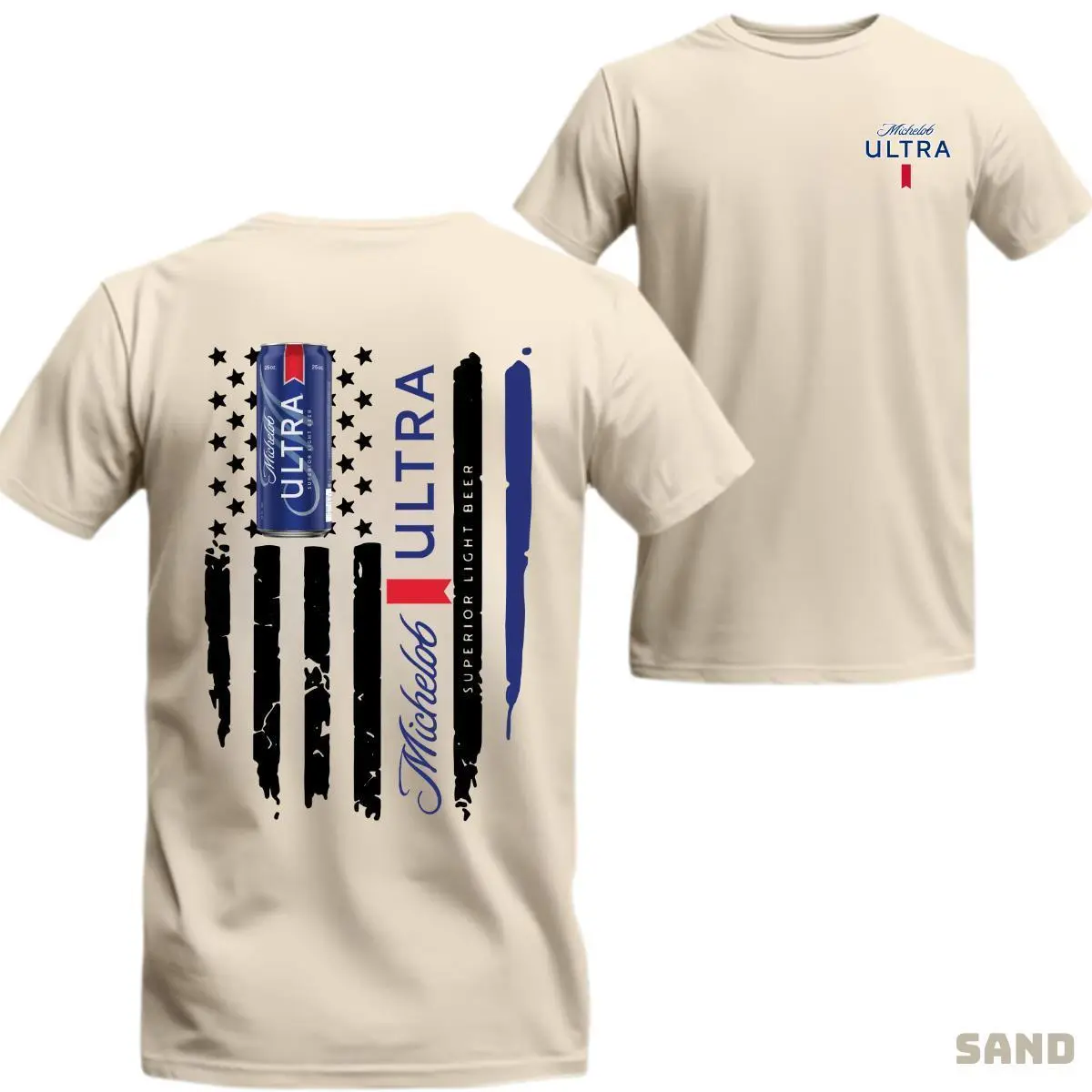 Michelob Ultra Graphic T-Shirt – American Flag Vertical Design, Patriotic Theme for Sports Fans, Men's Sand Cotton Tee
