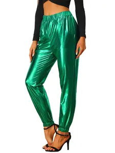 INSPIRE CHIC Metallic Trousers Christmas Shiny Sparkle Elastic Waist Holographic Pants Green