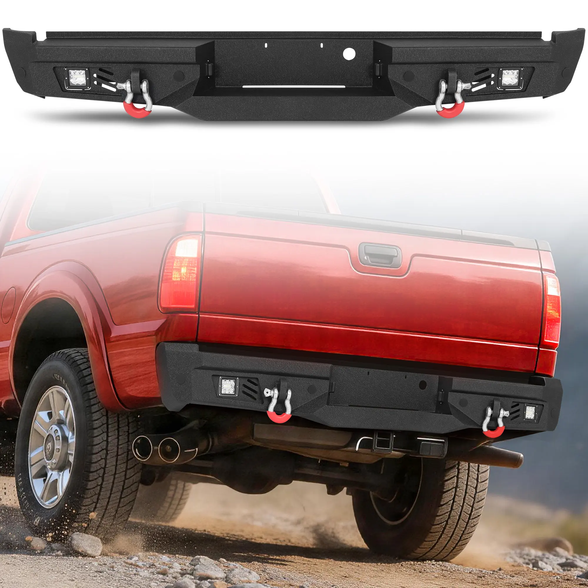 MONOKING Rear Bumper for 1999-2016 F250 F350 F450 Super Duty Fits Styleside Models Only, Heavy-Duty Carbon Steel Rear Armor with LED Pods, Integrated Step Pads and D-Rings, Receiver Hitch