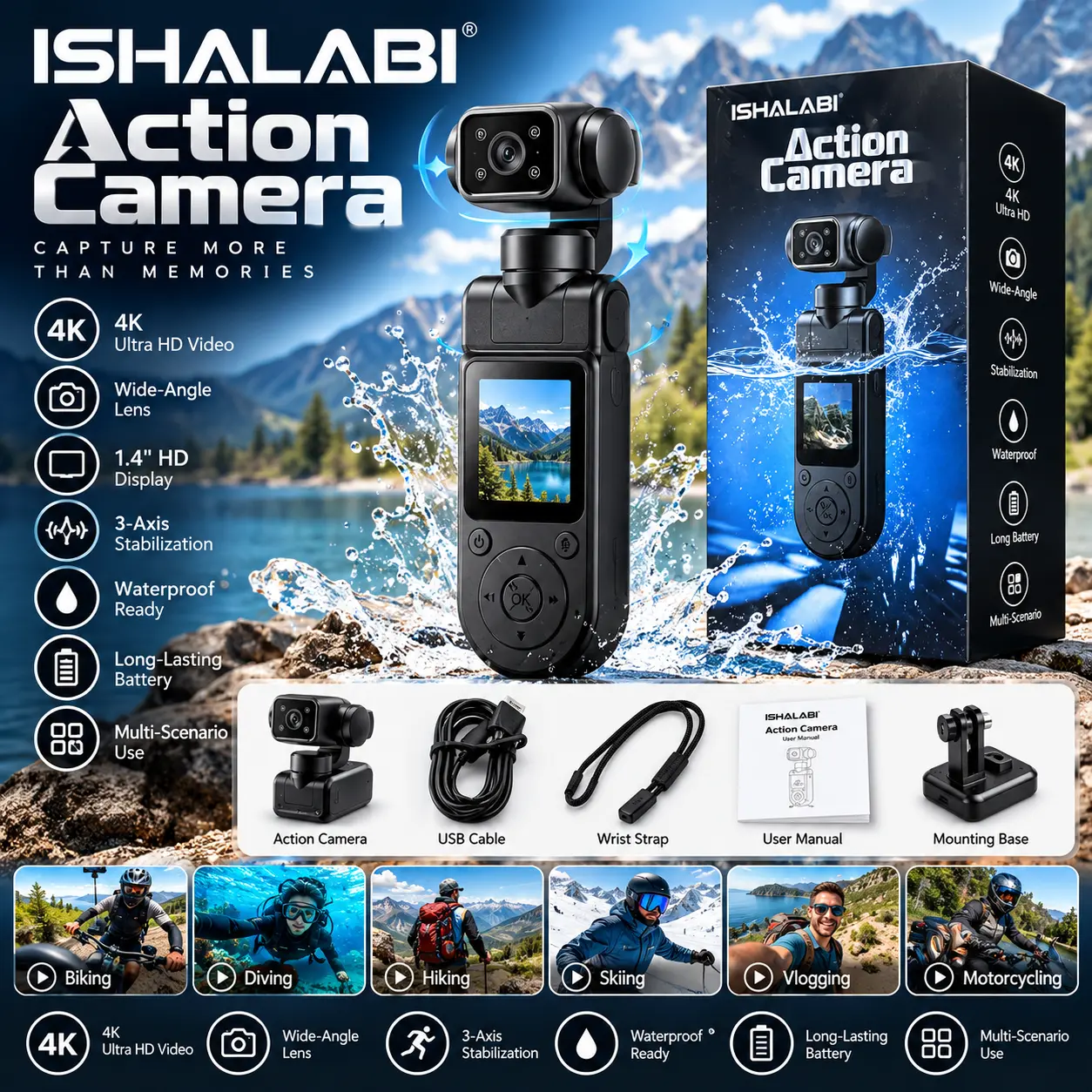 ISHALABI Handheld Action Camera 4K Ultra HD Video