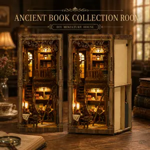 DIY Book Nook Kit Ancient Library – Wooden Miniature Dollhouse with LED Light, Bookshelf Insert Decor