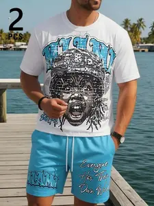Men’s white and orange 2-piece set, graphic print T-shirt and drawstring shorts, streetwear aesthetic, portrait and text graphics, crew neck, elastic waistband, relaxed fit, lightweight fabric, casual summer wear, vacation outfits, bold design details