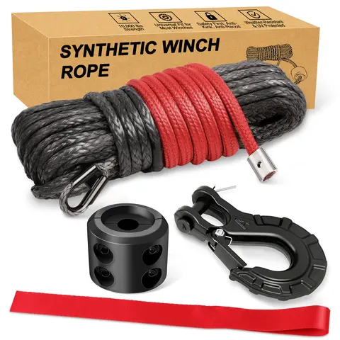 Synthetic Winch Rope Kit – 1/4'' x 50' with 10,000 lbs Strength, Lightweight Rope with Stopper & Hook, Easy Install for ATV, UTV, Boat & Truck Winches