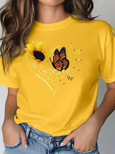 Women's Casual Short Sleeve Crew Neck Cotton T-Shirt 4-Piece Set, Heart Sunflower Butterfly Print, Multiple Colors, Machine Washable, Spring & Summer Top, Soft Skin-Friendly Fabric, Daily Wear, Fashion Design