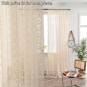 1PC Boho Fringe Sheer Curtain, Semi-Transparent Window Drapery for Living Room Bedroom, Rustic Rod-Pass Through Curtains, Fabric, Easy Install Curtain