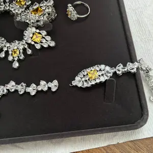 Yellow color 4 pieces set, lab-created diamond and 925 silver# necklace bracelet earrings ring/exquisite craft/easy to match, suitable for any occasion