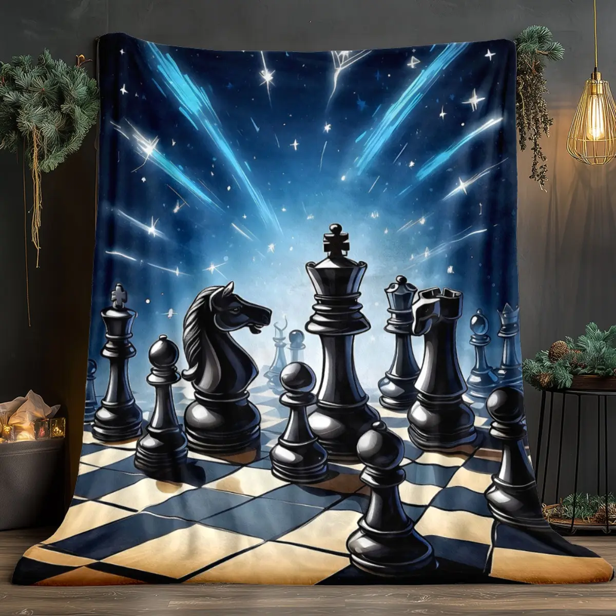 1pc Chess-Themed Flannel Fabric Blanket - King & Queen Pieces, Checkmate Design, 280gsm Digital Print, Lightweight Soft All-Seasons Bedspread, Dark Blue & Golden Home Decor, Ideal Gift for Chess Enthusiasts, Room Decor, Indoor Use