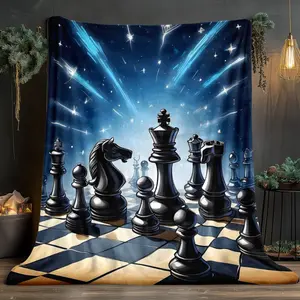 1pc Chess-Themed Blanket - King & Queen Chess Pieces with Checkmate Design - Lightweight Flannel All-Season Soft Warm Bedspread - Dark Blue & Golden Strategy Game Decor for Home, Office, Travel - Ideal Gift for Chess Lovers - Digital Printed 280gsm F