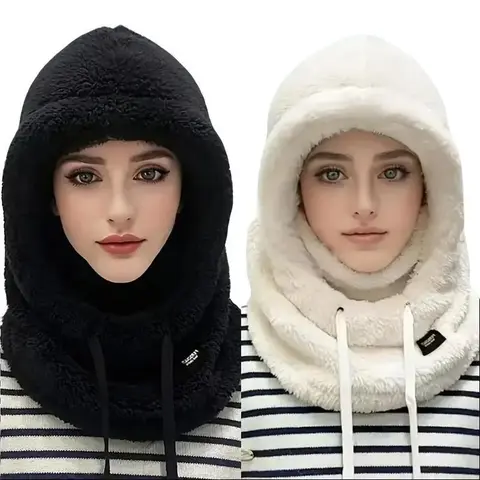 2PCS Plush Fleece Balaclava Hood  Soft & Warm Windproof Face Mask & Neck Warmer  Lightweight & Stretch Fit for Cycling, Skiing & Outdoor Sports (Navy Blue & Beige)