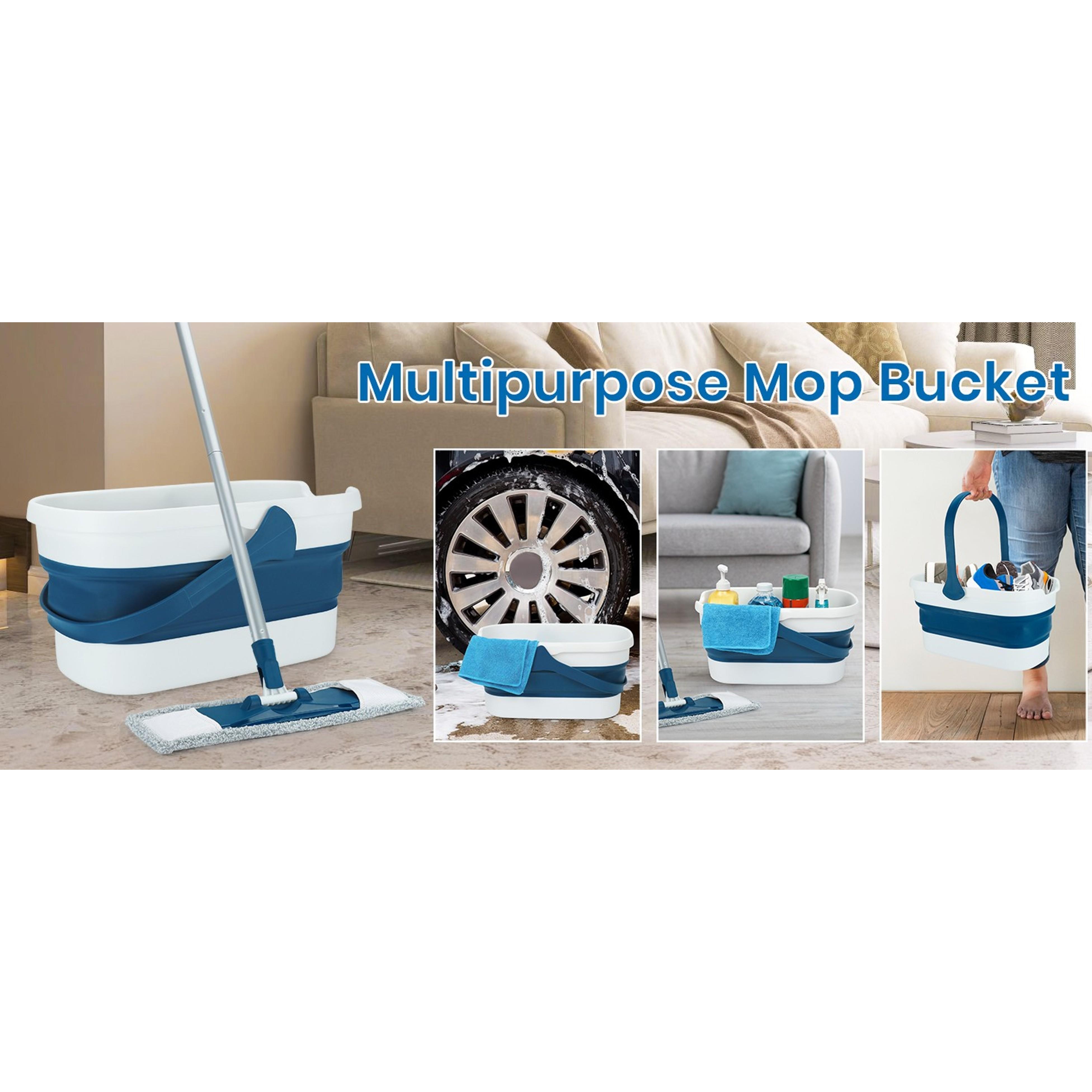 Collapsible Mop and Bucket Set with Scrub Mop and Brush, Tile Laminate Hardwood Floor Brush and Flat Mops for Floor Cleaning, Foldable Bucket with Washable Microfiber Mop(Blue)